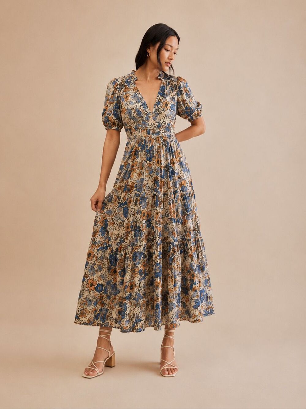 Harni Floral Puff Sleeve Tiered Maxi Dress Blue Orange Size XS